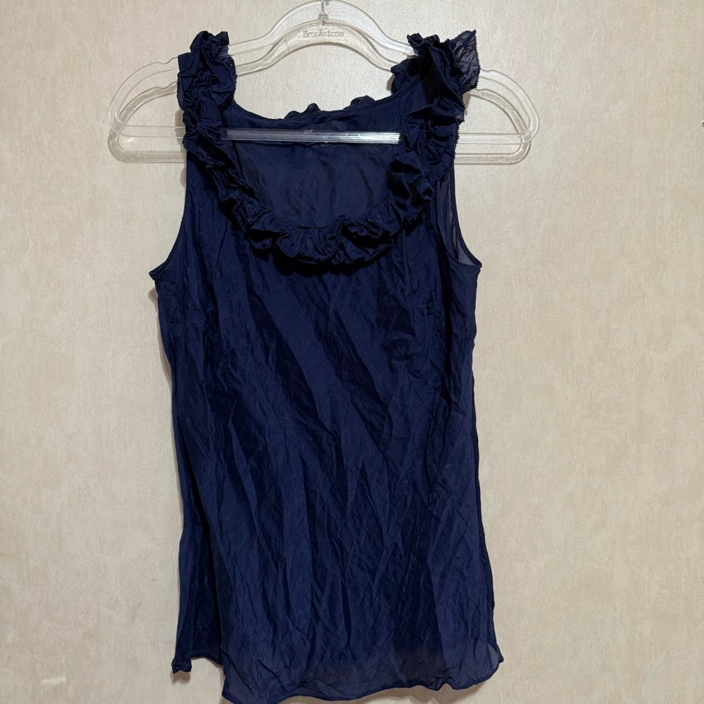 Gap Navy Blue Silk Cotton Ruffle Scoop‎ Neck Top